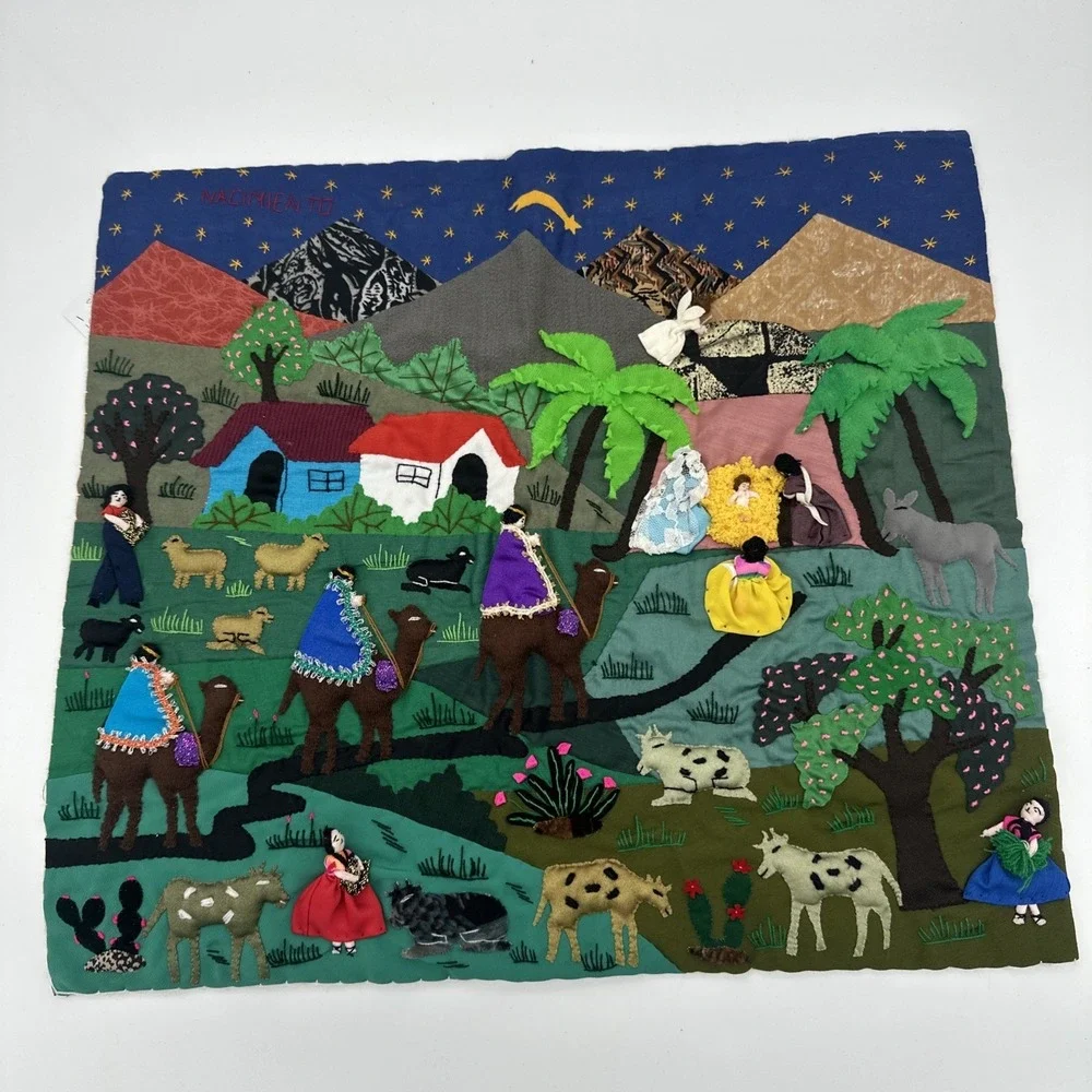 Peruvian Arpillera Folk Art Tapastry~ Vgt 3D Handmade‎ Christmas Nativity 19x17